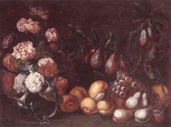 unknow artist Still life of Roses and convulvuli in a Glass vase,Together with peaches,grapes,pears and plums